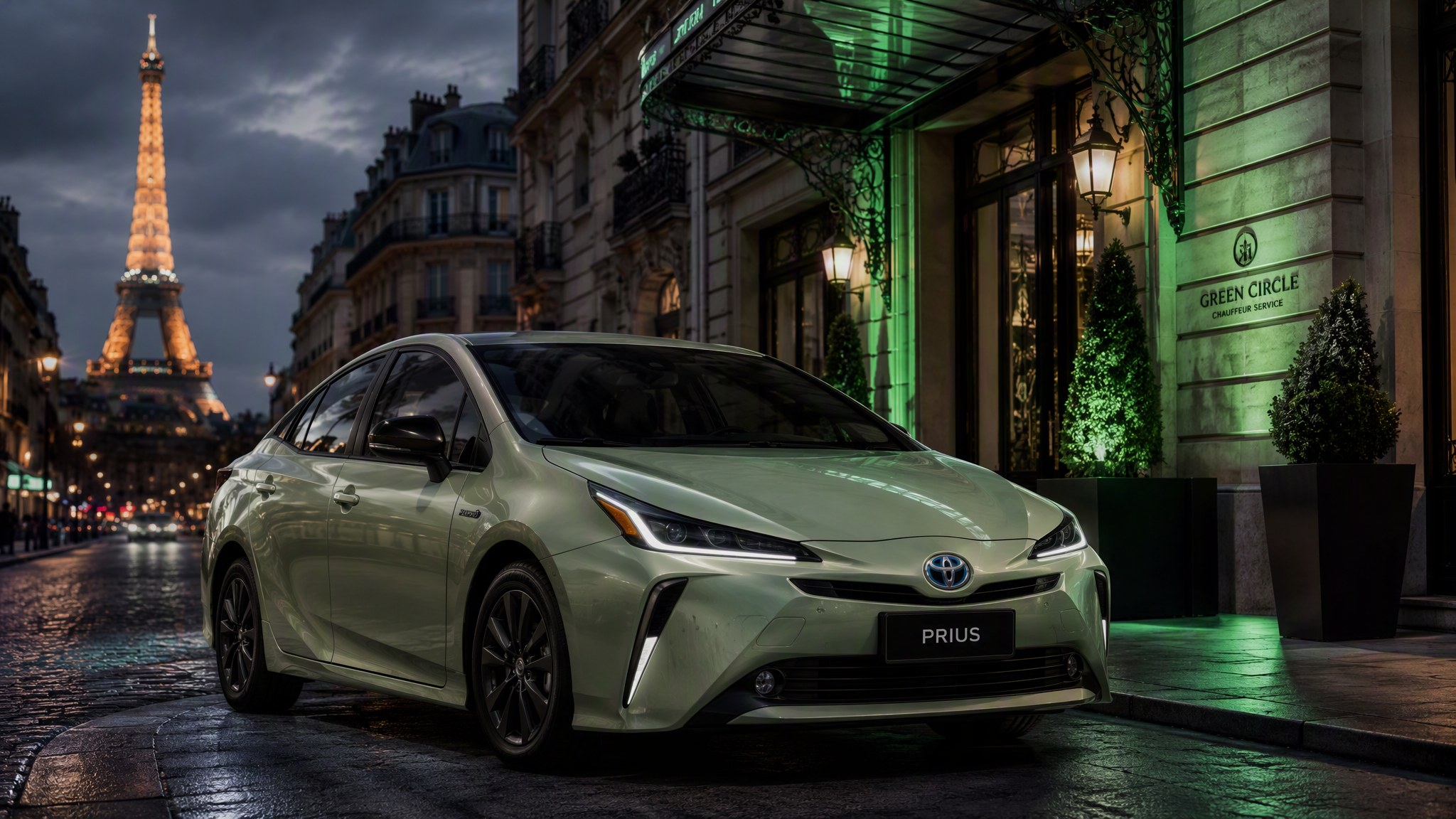 Toyota Prius Hybride vert pistache — véhicule EcoVTC Paris